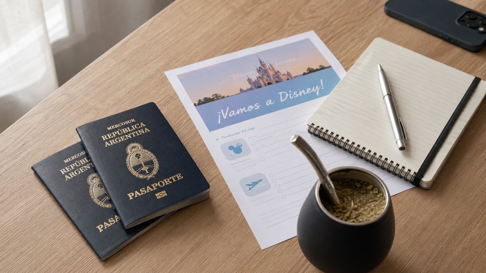 Dos pasaportes argentinos, un mate y una hoja de planificación de viaje a Disney sobre una mesa de madera