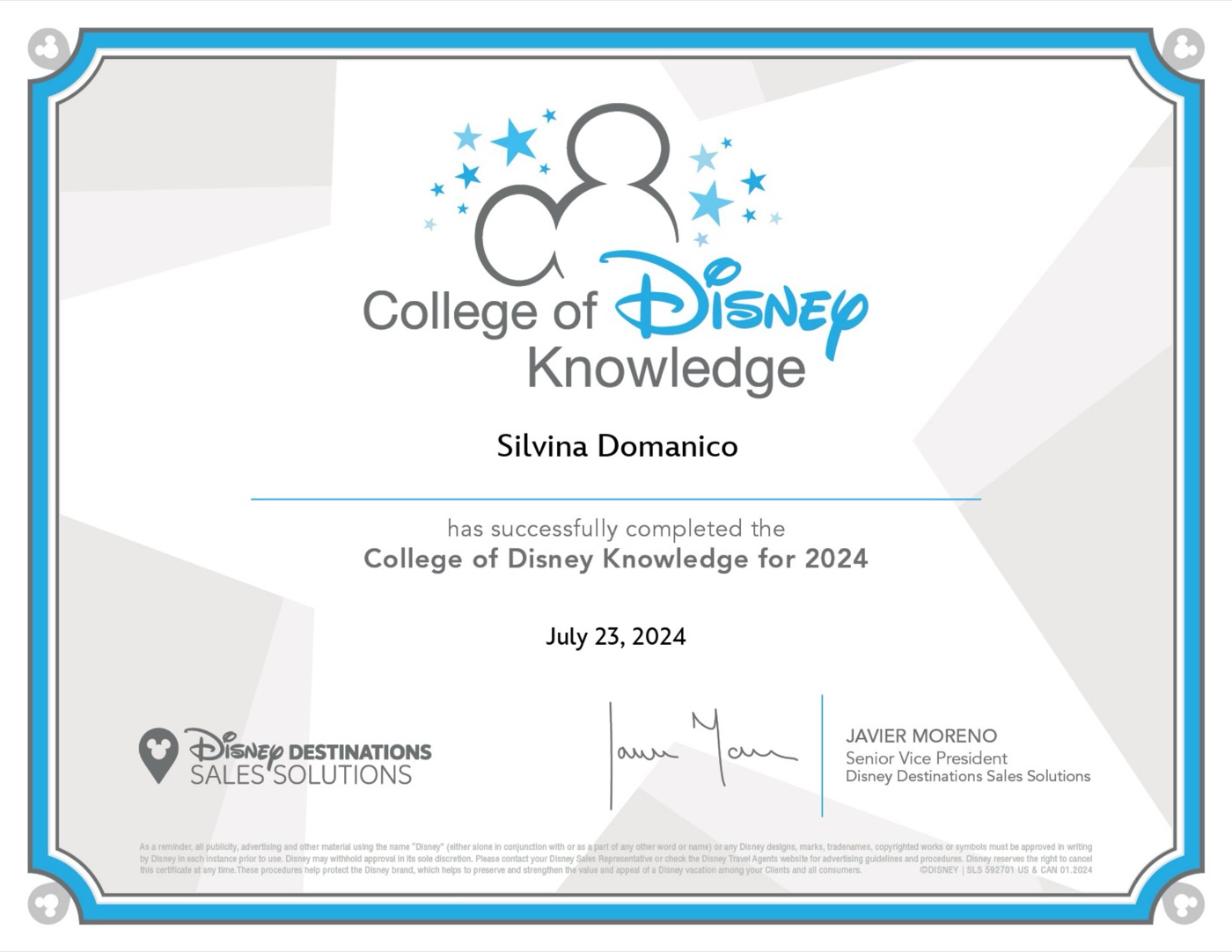 Certificado College of Disney Knowledge for 2024 de Silvina Domanico, emitido por Disney Destinations Sales Solutions el 23 de julio de 2024