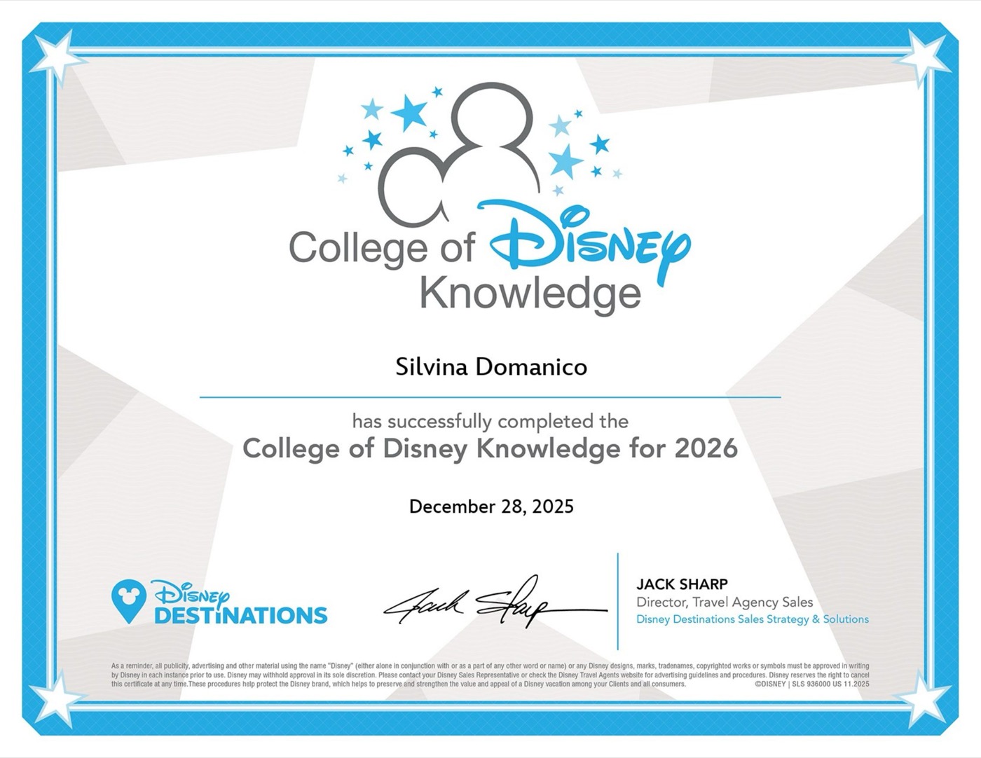 Certificado College of Disney Knowledge for 2026 de Silvina Domanico, emitido por Disney Destinations Sales Solutions el 28 de diciembre de 2025