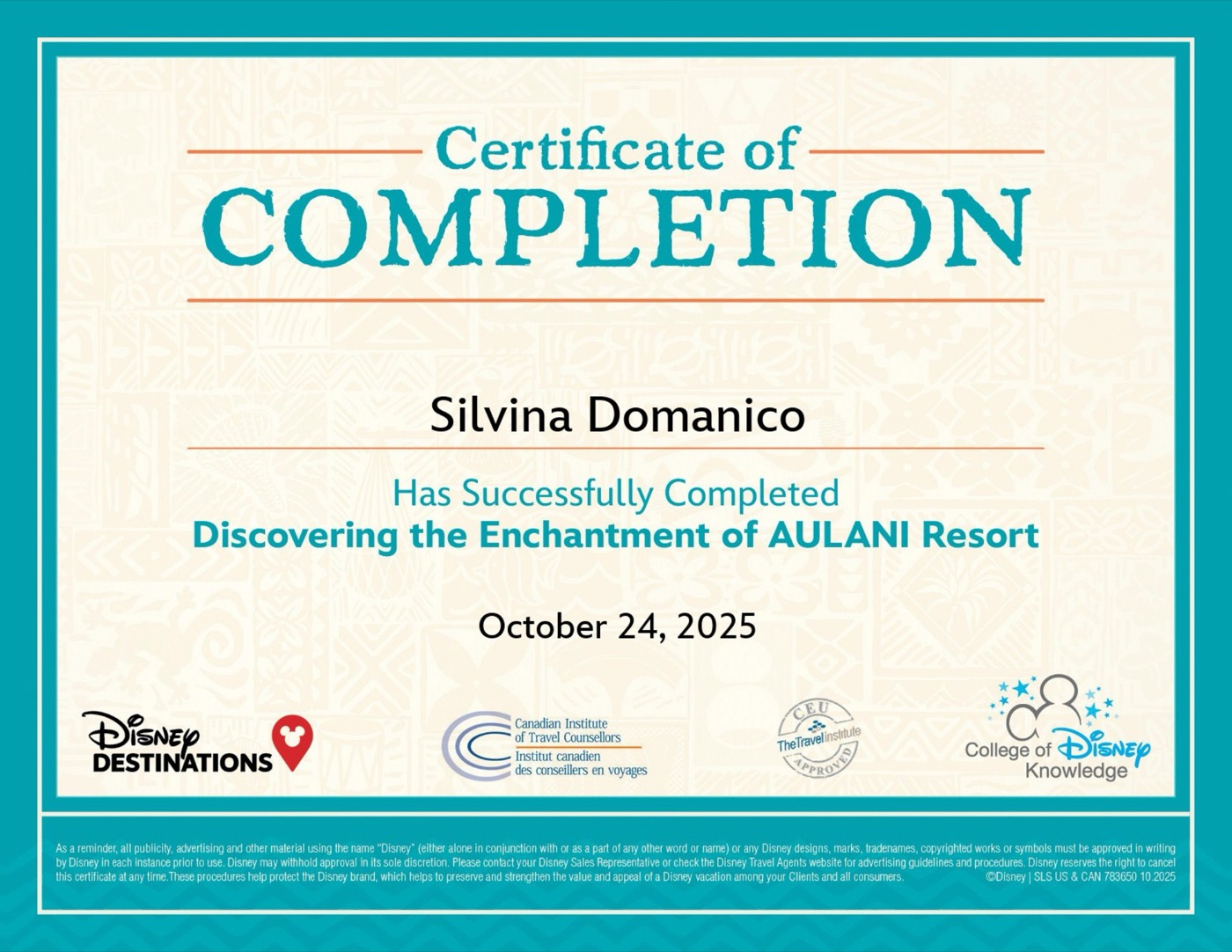 Certificado Discovering the Enchantment of Aulani Resort de Silvina Domanico, emitido por Disney Destinations Sales Solutions el 24 de octubre de 2025