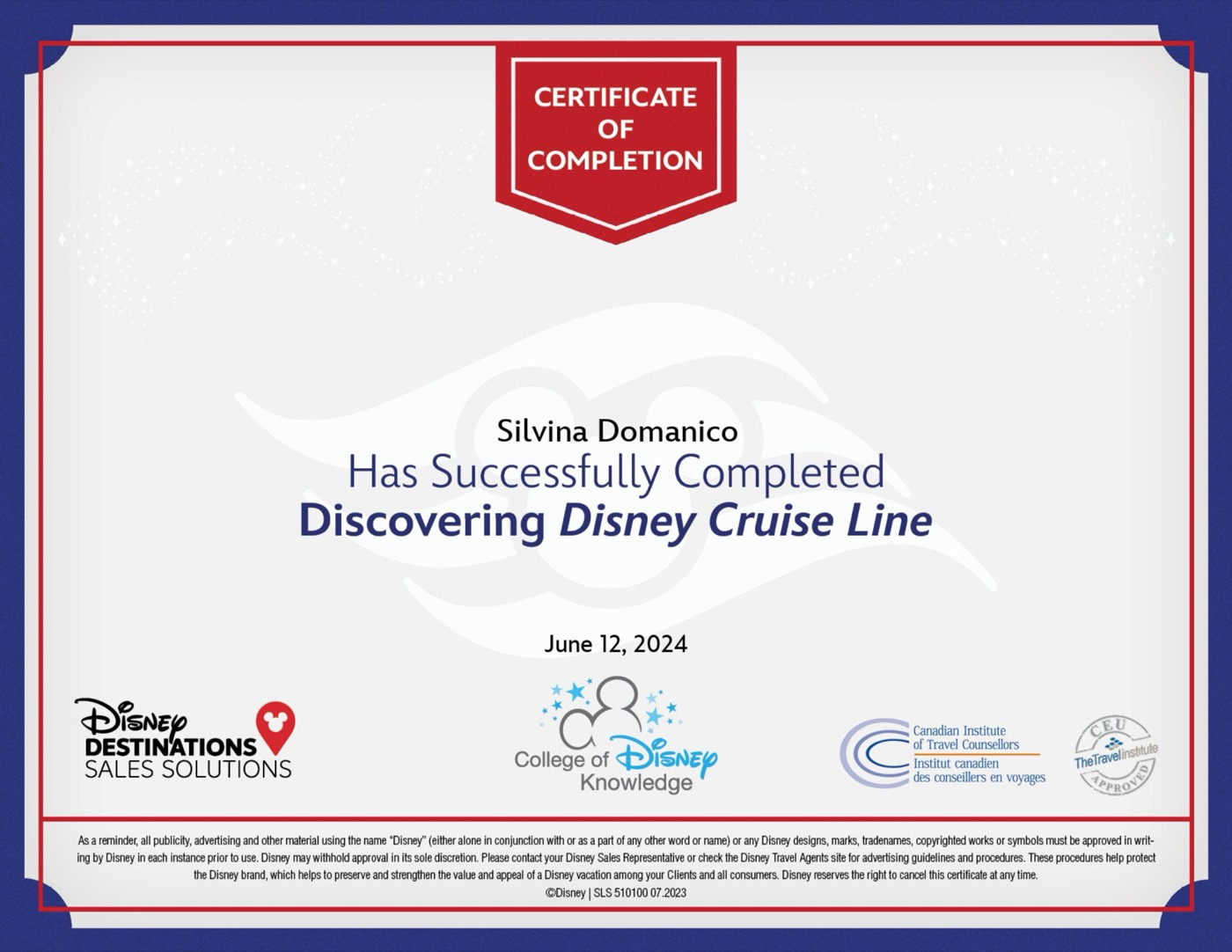 Certificado Discovering Disney Cruise Line de Silvina Domanico, emitido por Disney Destinations Sales Solutions el 12 de junio de 2024