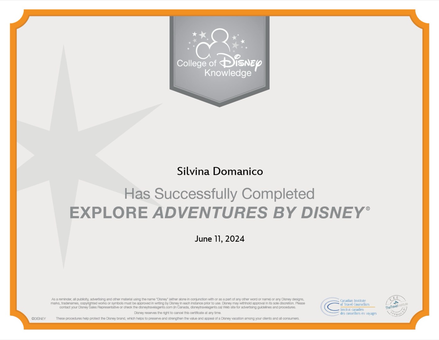 Certificado Explore Adventures by Disney de Silvina Domanico, emitido por Disney Destinations Sales Solutions el 11 de junio de 2024