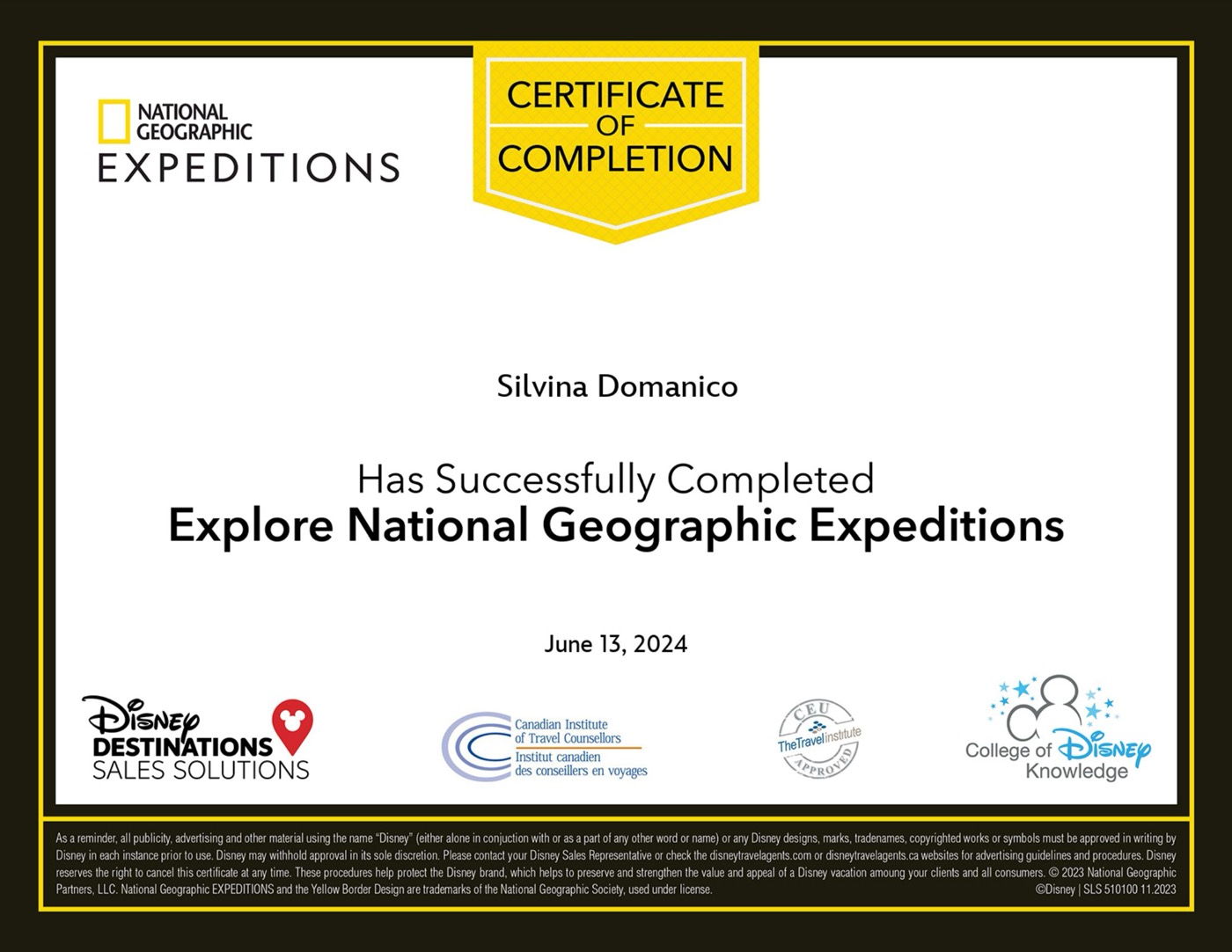 Certificado Explore National Geographic Expeditions de Silvina Domanico, emitido por Disney Destinations Sales Solutions el 13 de junio de 2024