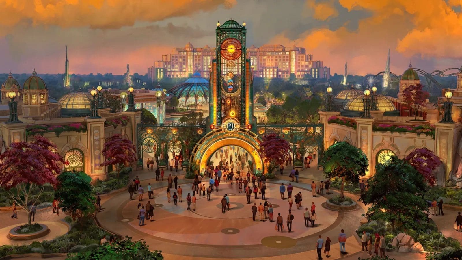 Portal de entrada de Epic Universe en Universal Orlando, con el arco dorado EPIC UNIVERSE y el hotel Helios Grand al fondo al atardecer