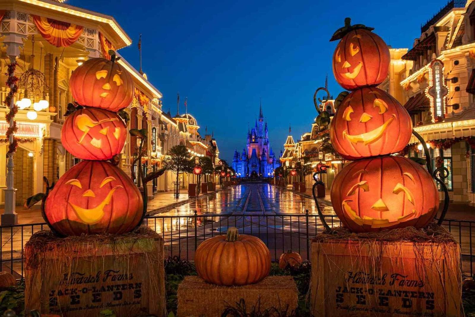 Main Street de Magic Kingdom decorado con calabazas para Halloween, con el castillo de Cenicienta al fondo en Disney World