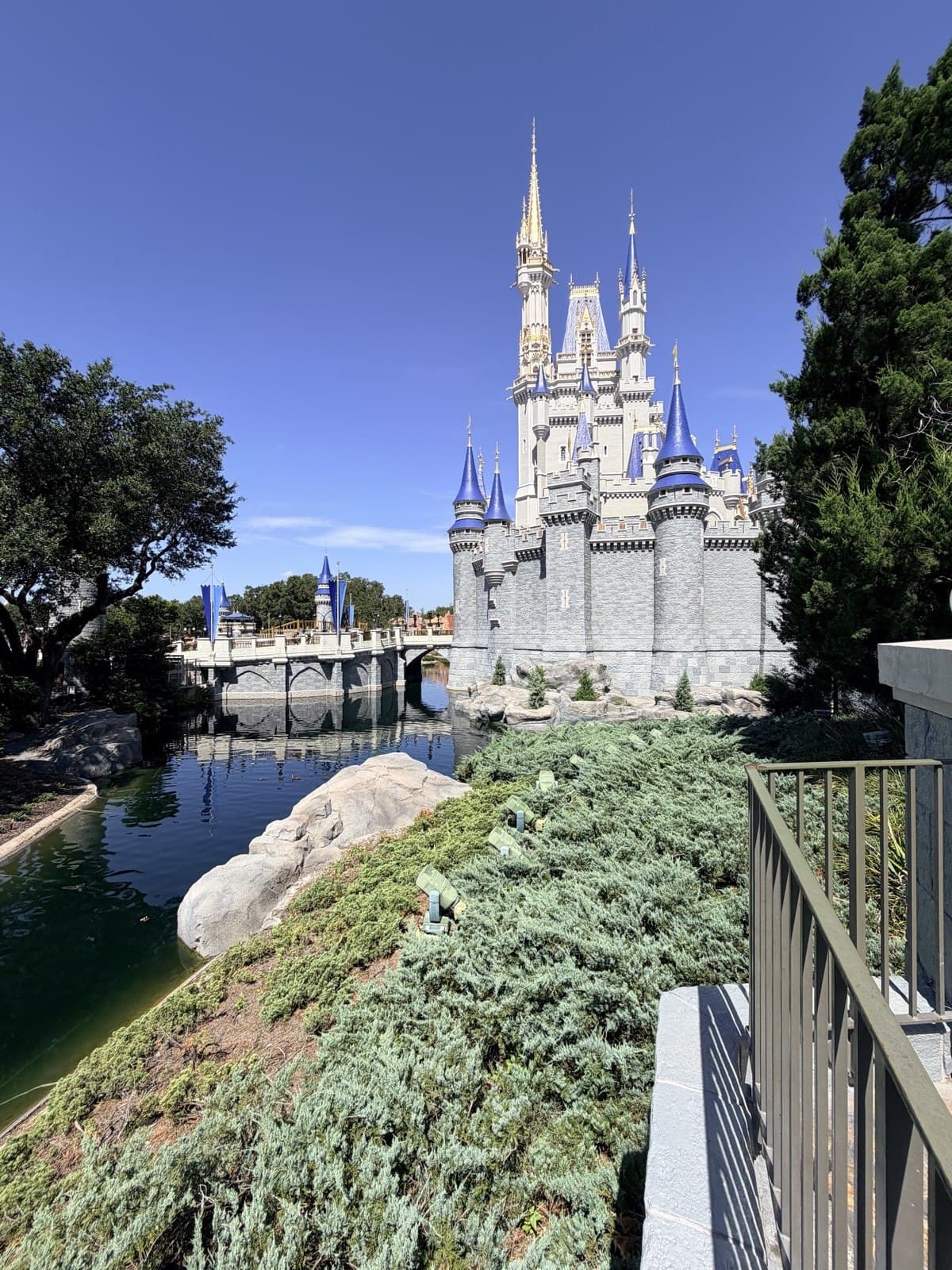 El castillo de Cenicienta desde el puente entre la vegetación en Magic Kingdom, Walt Disney World