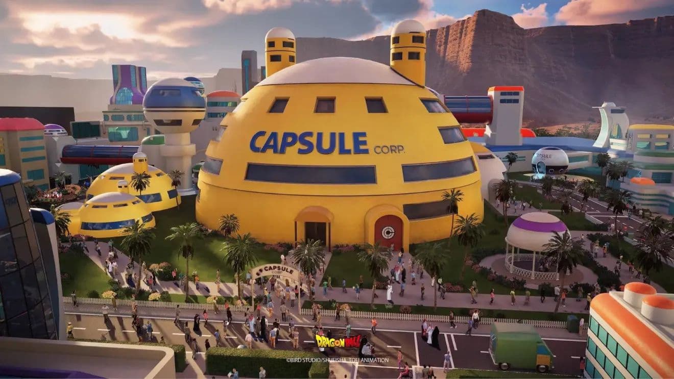 Render de la cúpula de Capsule Corp en el futuro parque de Dragon Ball en Qiddiya, Arabia Saudí