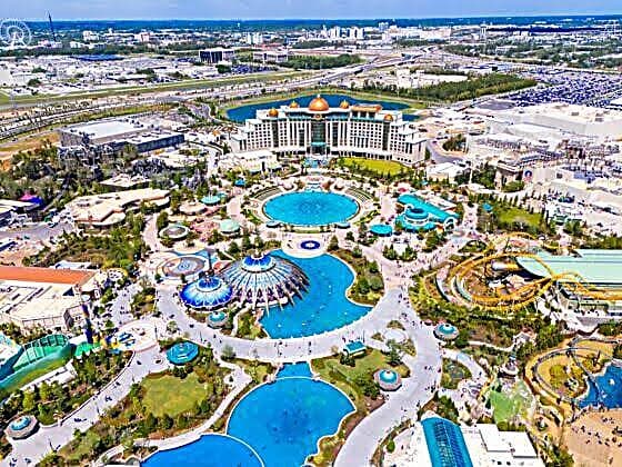 Vista aérea de Epic Universe, el parque de Universal Orlando donde está Super Nintendo World