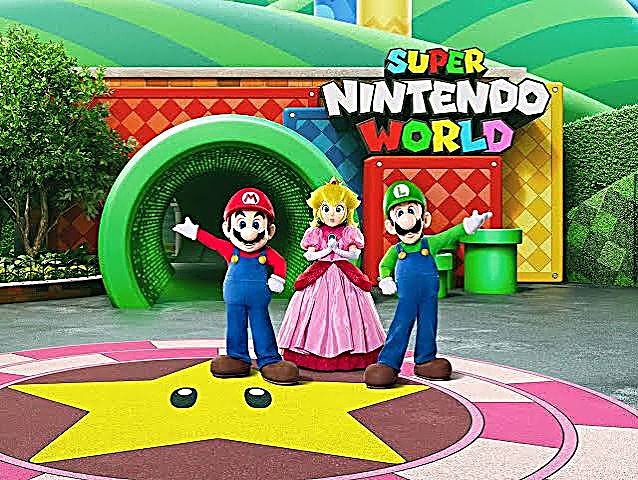 Mario, la Princesa Peach y Luigi en la entrada de Super Nintendo World, en Epic Universe (Universal Orlando)